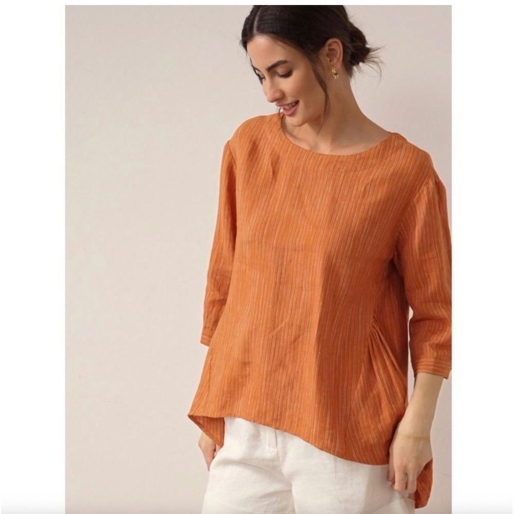 LINTICO Women 100% Linen Florence Top Small Orange Lagenlook Artsy Coastal